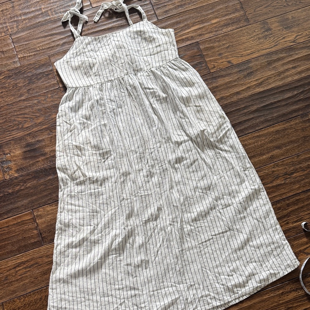 Joe Fresh Cream Dress with Thin Gray Stripes and Tie Straps